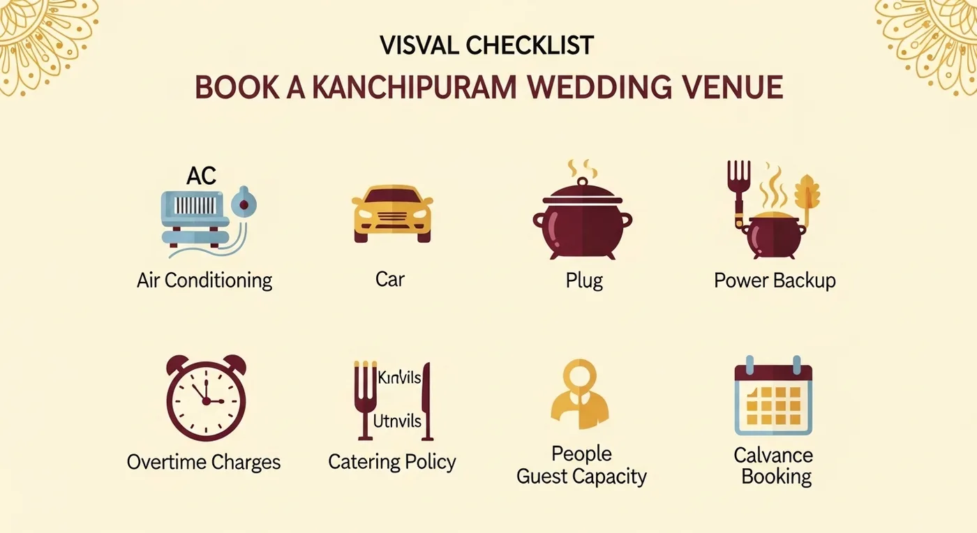 Checklist for booking a Kanchipuram wedding venue covering AC parking kitchen and power backup