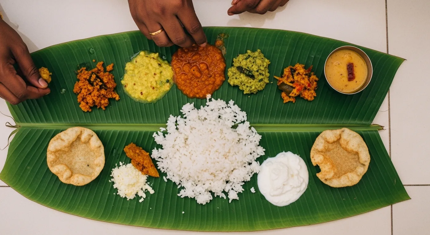 Traditional Tamil banana leaf wedding feast with multiple dishes served at a Kanchipuram wedding