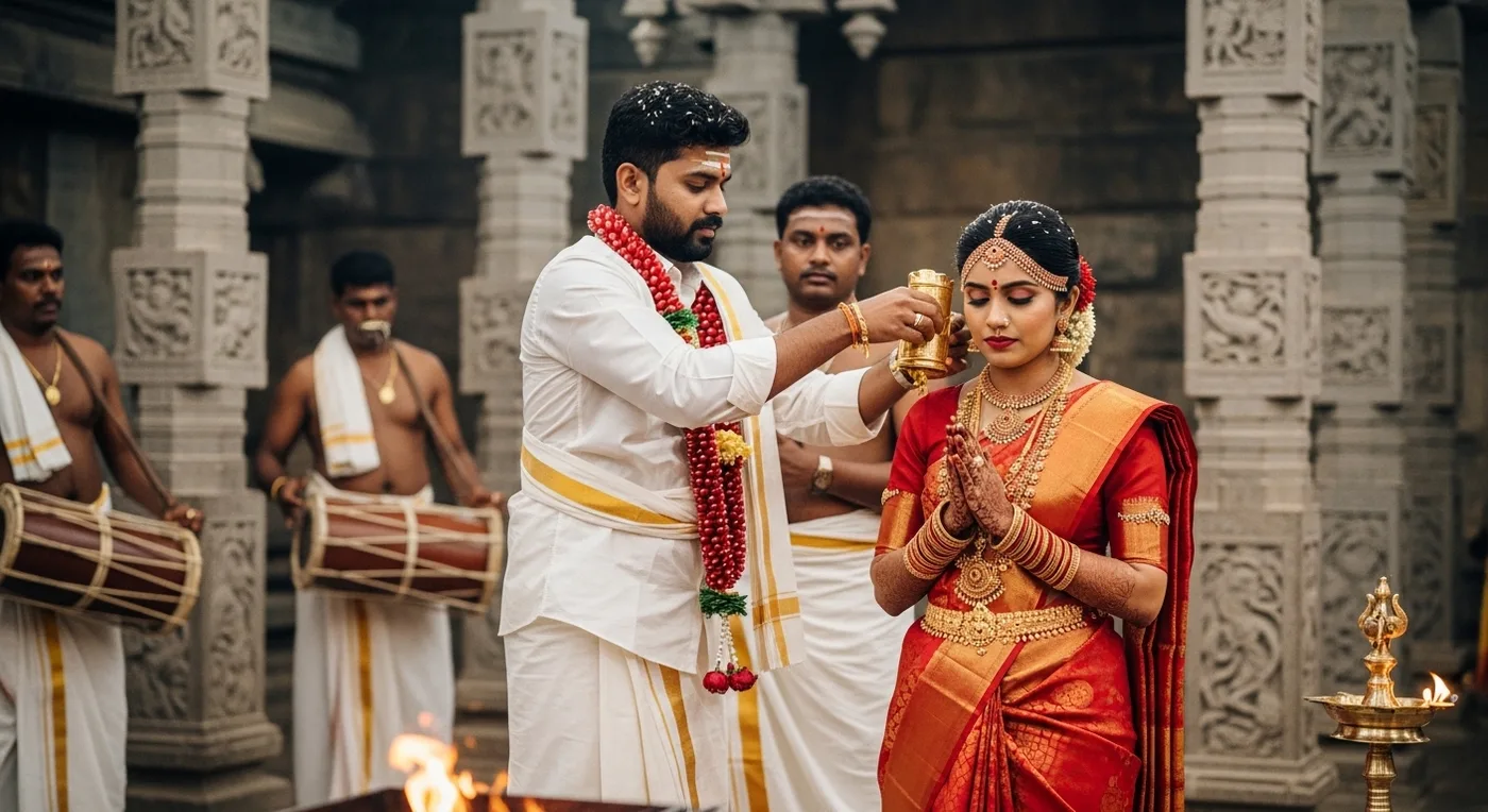 Candid wedding photography capturing the thali-tying ceremony at a Kanchipuram temple wedding