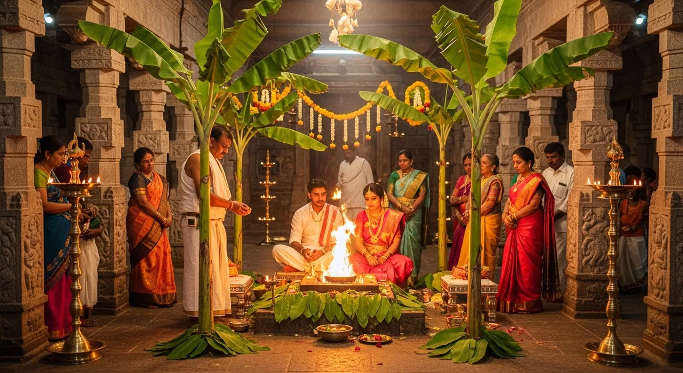 Tamil wedding ceremony inside a Kanchipuram temple with decorated mandapam and oil lamps