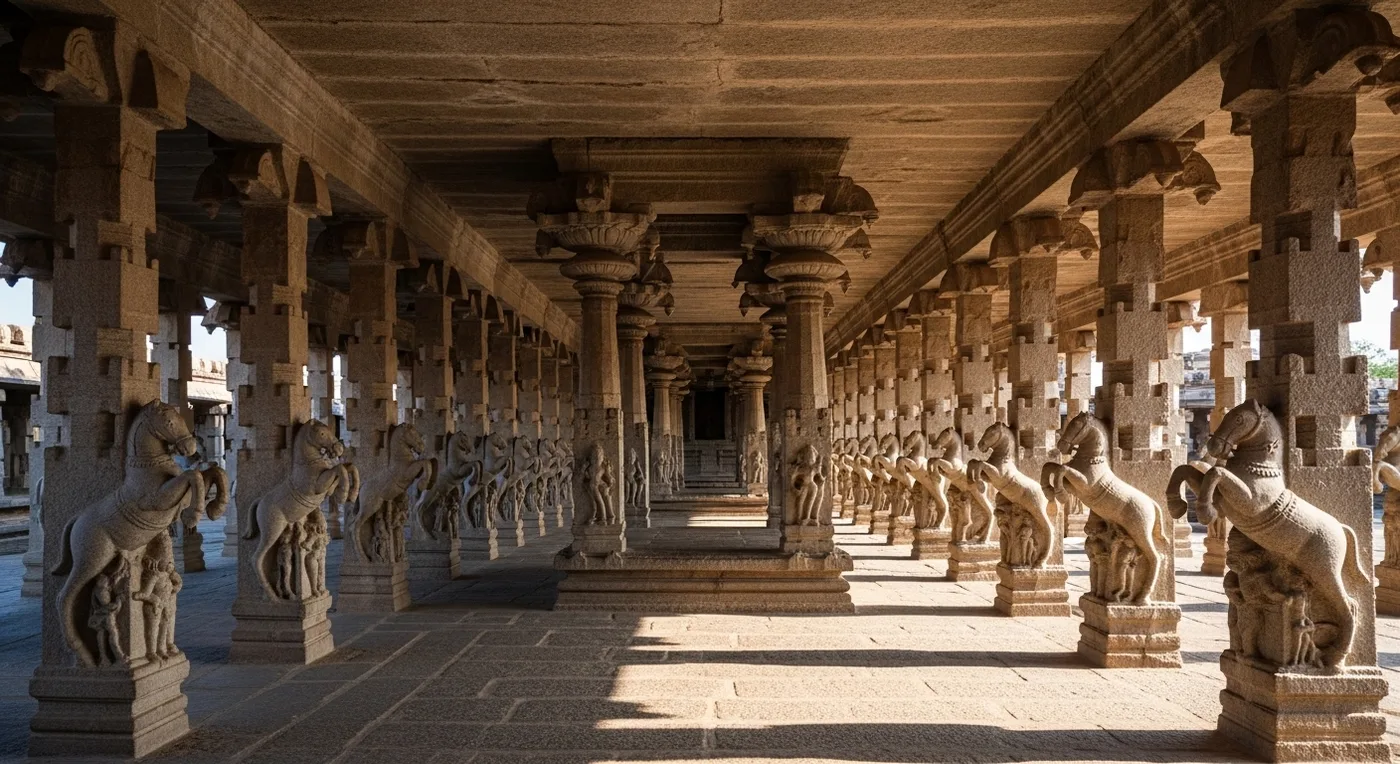 The 96-pillar mandapam at Varadharaja Perumal Temple with carved stone pillars