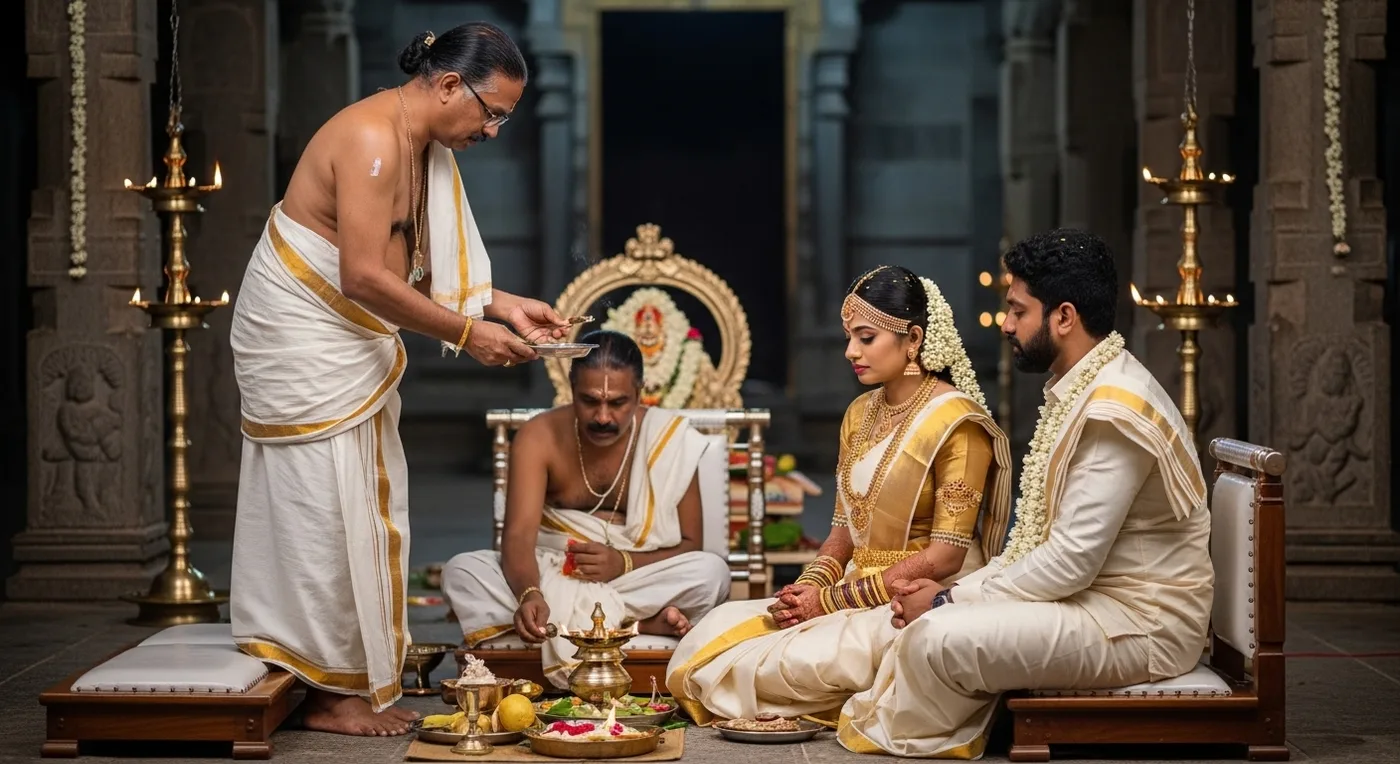 Traditional Kerala temple wedding ceremony with priest performing rituals at mandap