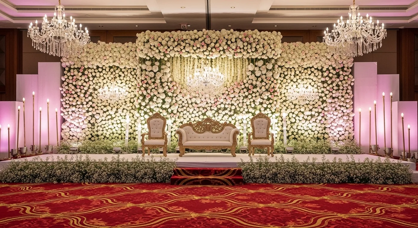 Elegant floral wedding stage decoration with roses and jasmine at a Kochi convention centre