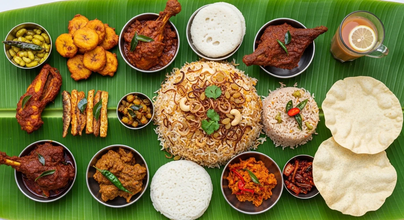 Traditional Malabar wedding feast spread with Thalassery biryani, pathiri, and multiple meat dishes on banana leaf