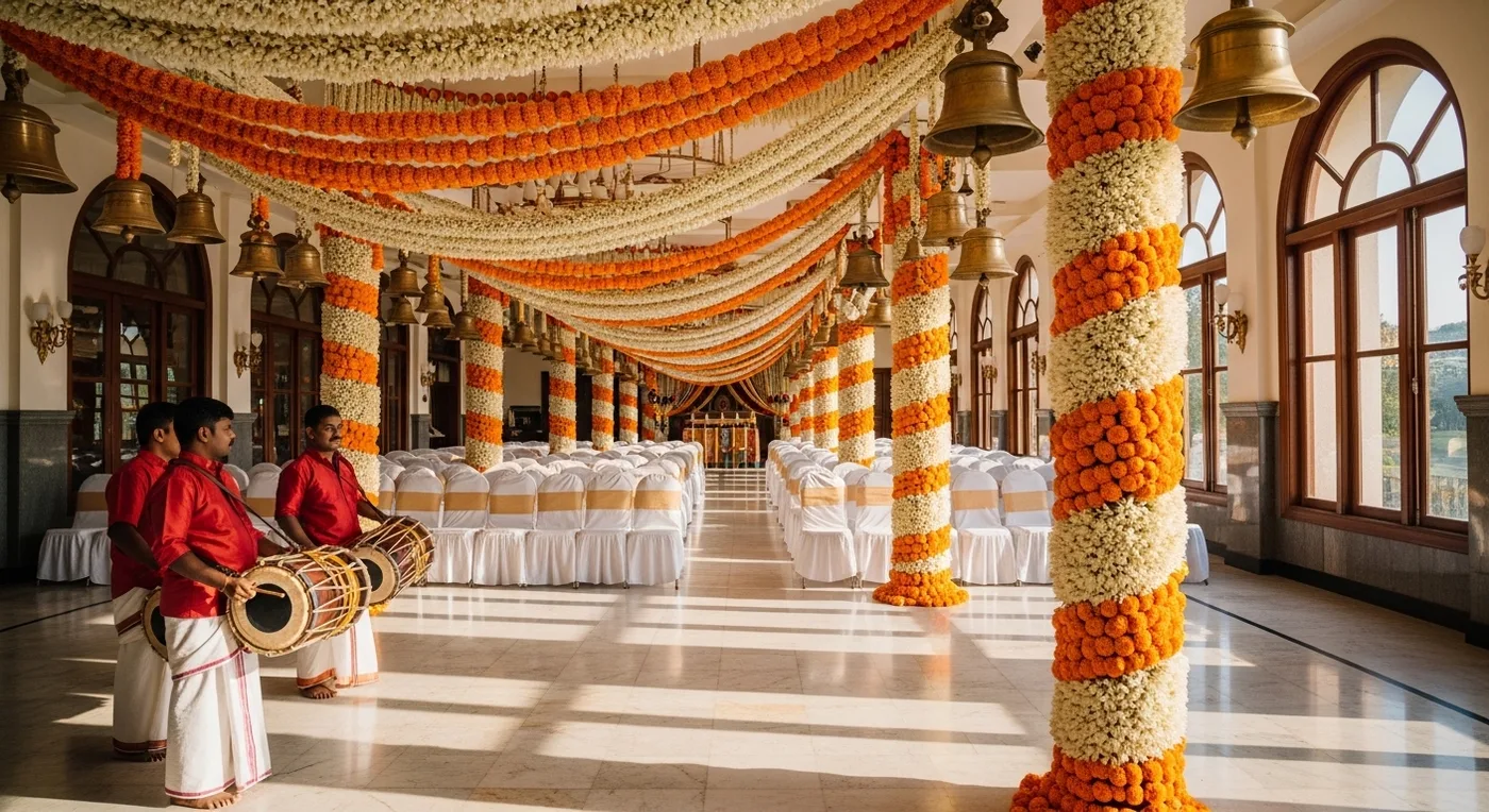 Chennai kalyana mandapam set up for an NRI Tamil Brahmin wedding ceremony