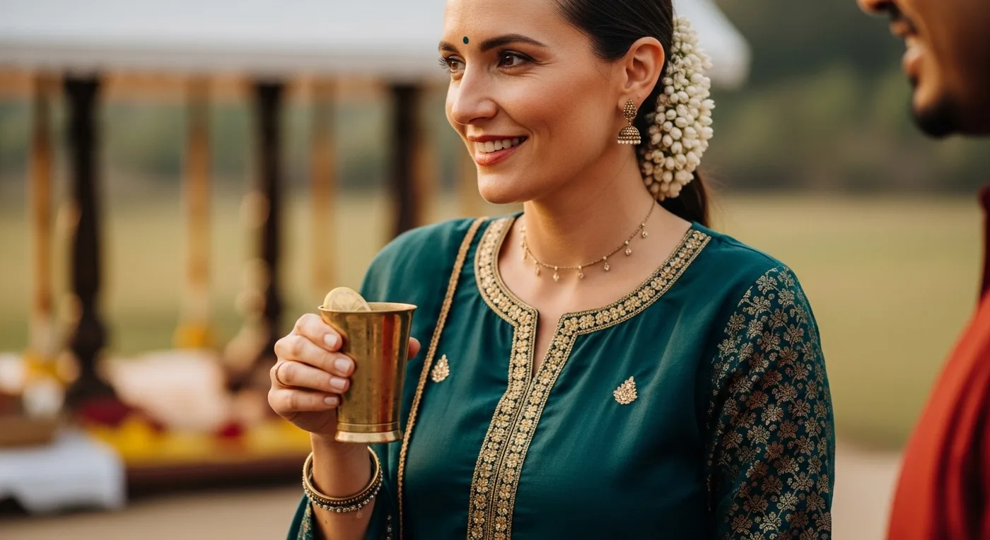 Foreign guests in kurtas and anarkalis at a Kerala wedding with traditional kasavu border saree details