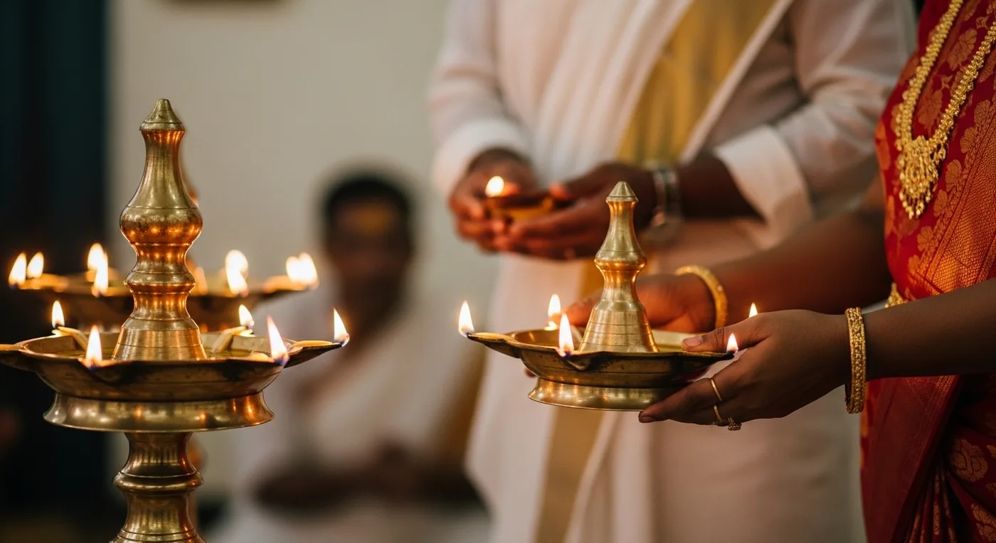 Foreign guests observing muhurtham etiquette at a Kerala wedding ceremony with priest and mandapam