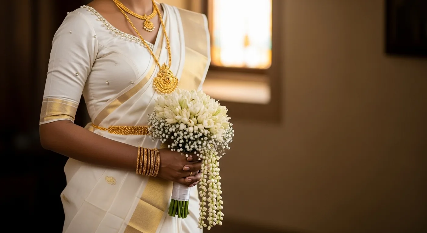 Kerala Christian bride in a kasavu wedding gown with gold border at a Syrian Christian NRI wedding