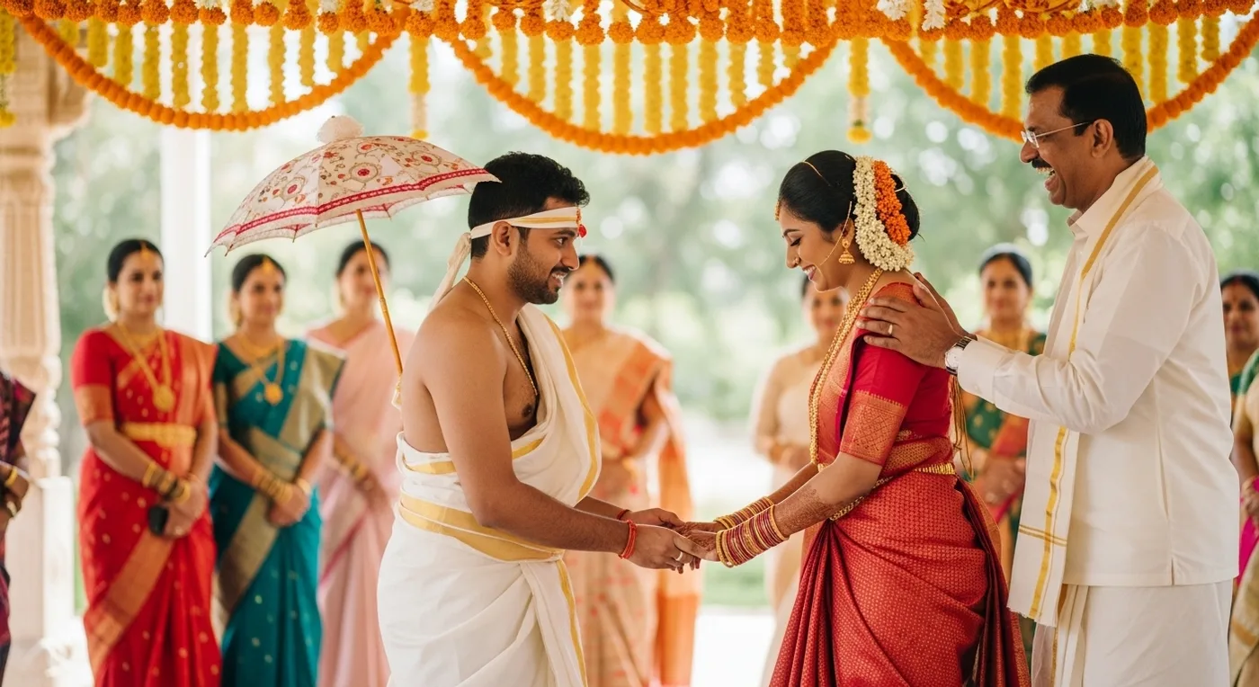 Kashi Yatra ritual at a Tamil Brahmin wedding, groom with umbrella and walking stick