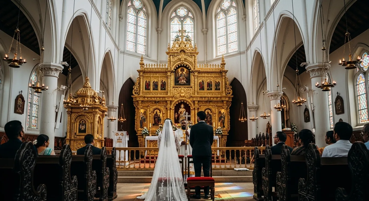 Interior of a traditional Syrian Christian church in Kottayam decorated for an NRI wedding ceremony