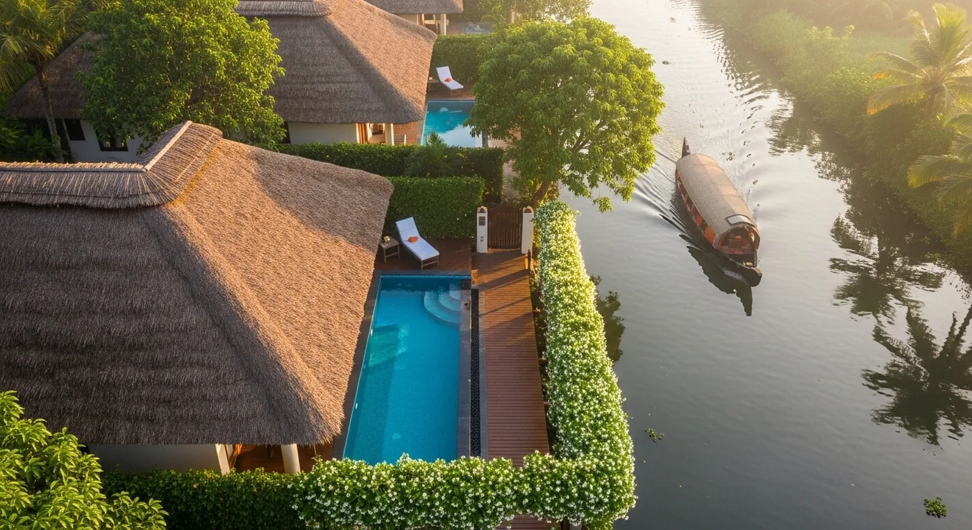 Luxury destination wedding setup by the Kumarakom backwaters in Kerala for an NRI couple