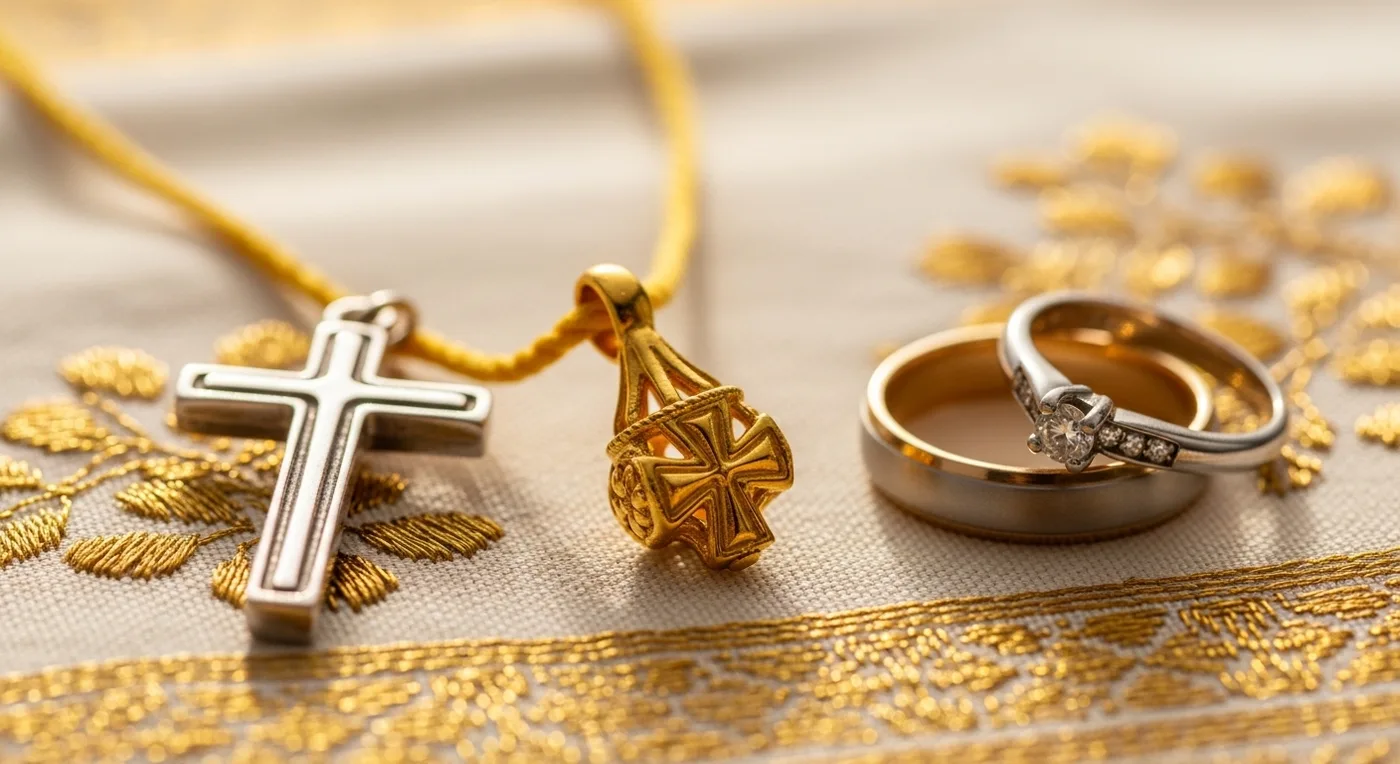 Syrian Christian Nasrani bride wearing the minnu thali and gold jewellery at a Kottayam church wedding