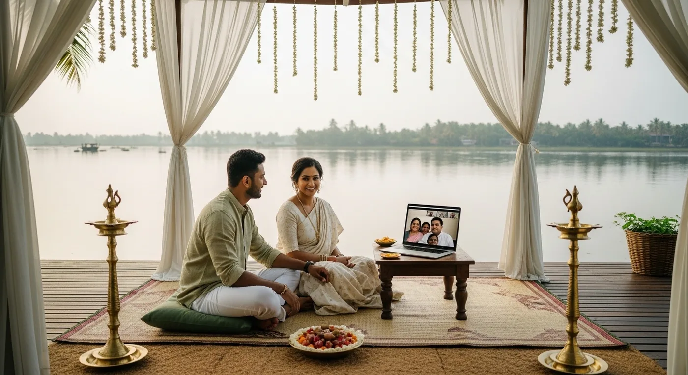 NRI South Indian couple by the Kumarakom backwaters preparing for their Kerala wedding