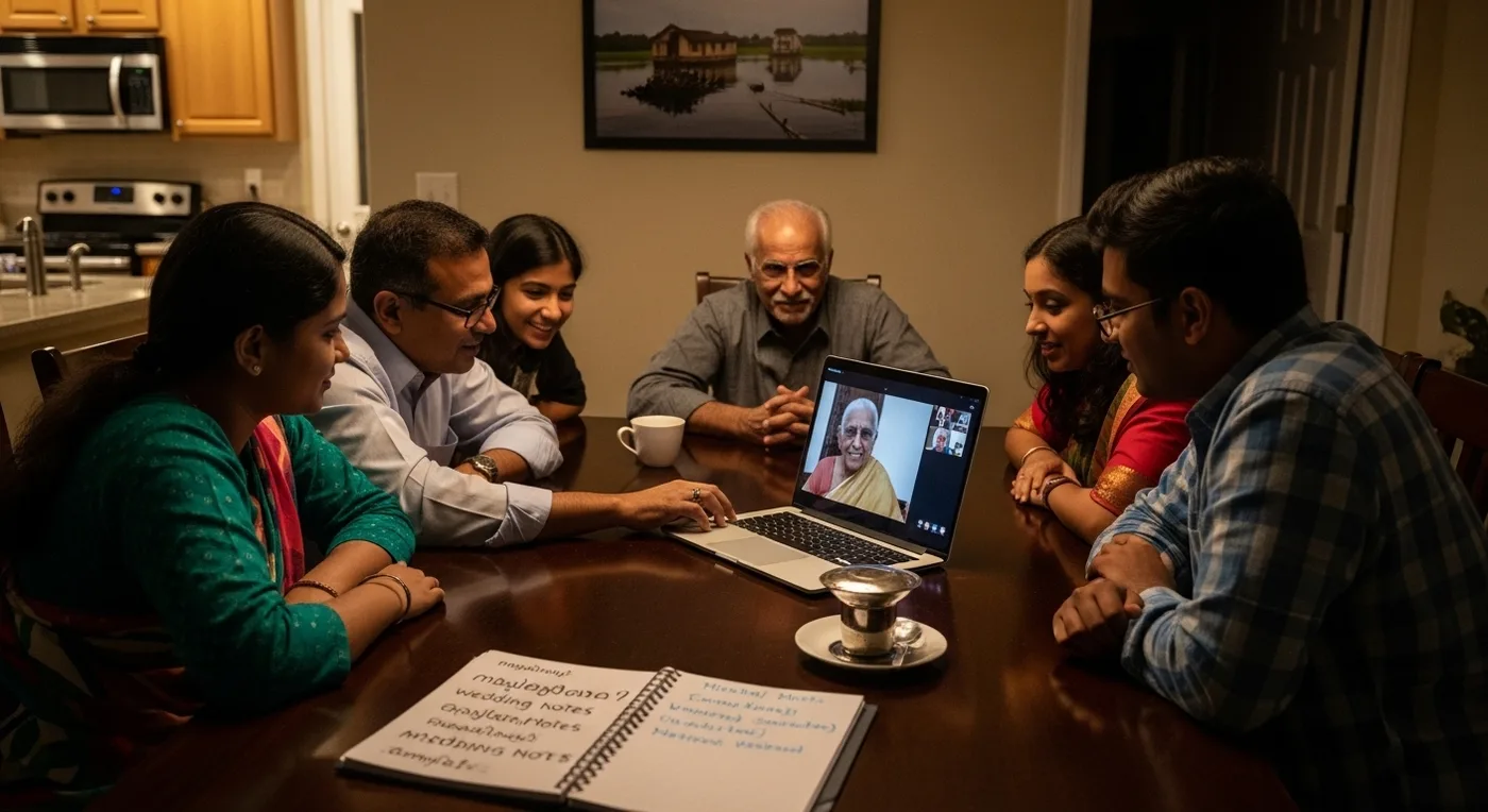 NRI family on a late-night video call planning their South Indian wedding across time zones