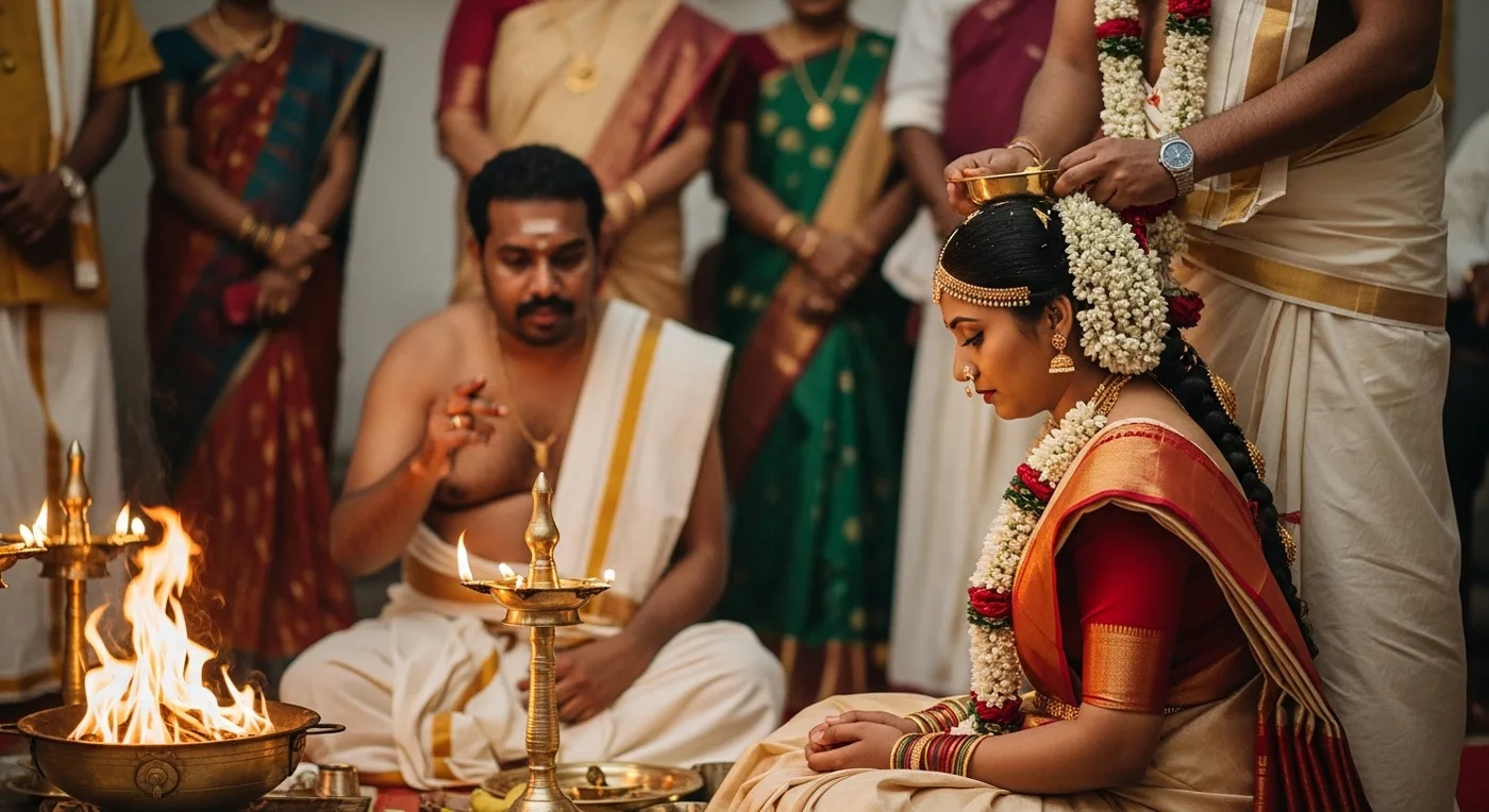 Traditional South Indian muhurtham ceremony at an NRI wedding in Kerala
