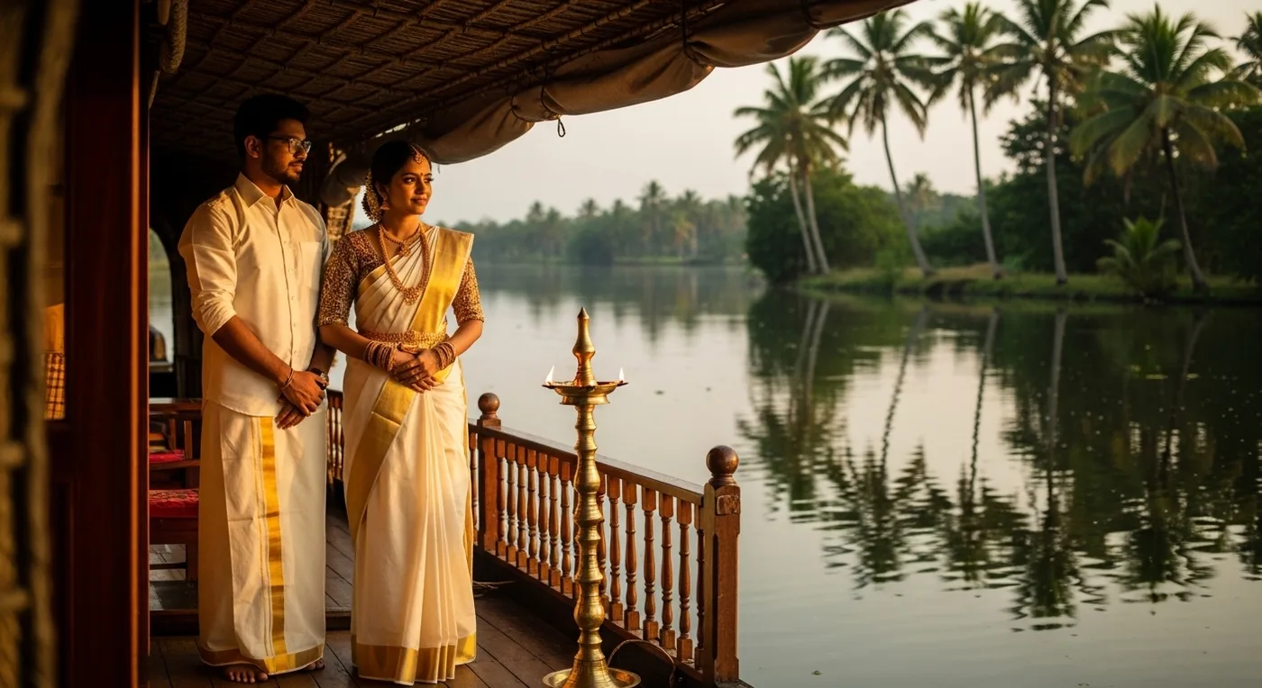 NRI South Indian couple exchanging garlands at a traditional wedding mandapam in Kerala