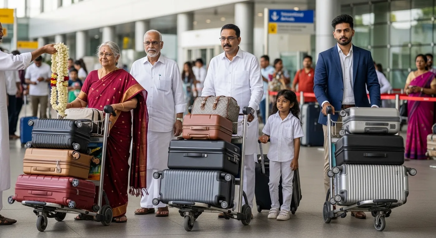 NRI wedding guests arriving at Kochi international airport for a South Indian wedding celebration