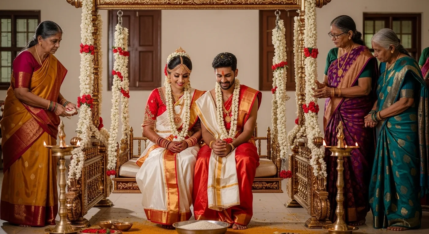 Oonjal ceremony at a Tamil wedding, couple seated on a decorated swing with elders blessing them