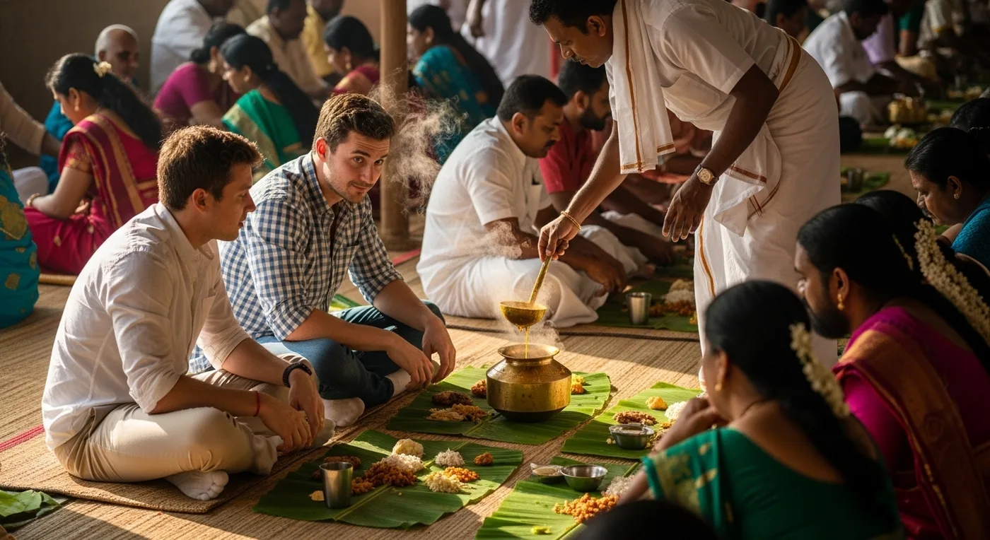 A traditional Kerala sadhya spread served on a banana leaf for foreign wedding guests