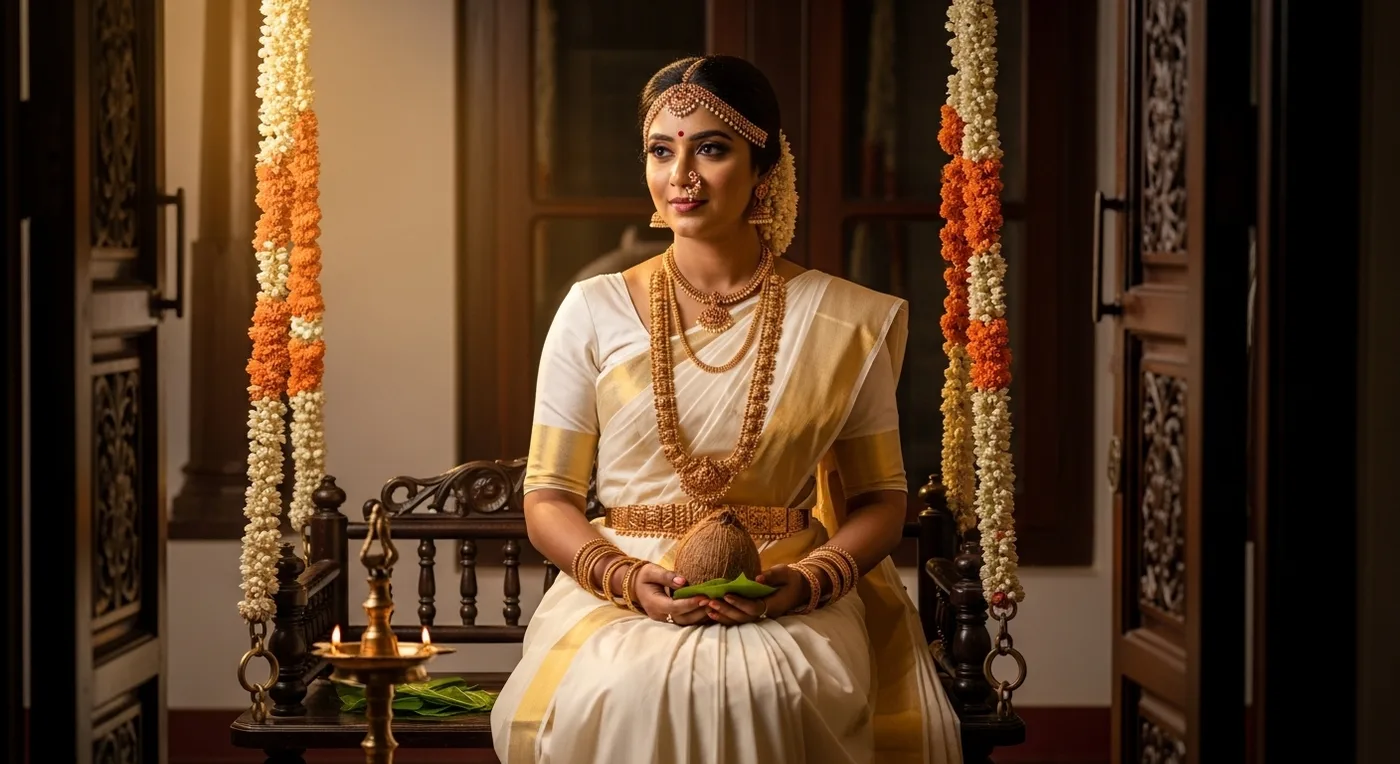 NRI South Indian bride in a traditional Kerala kasavu saree for her wedding ceremony