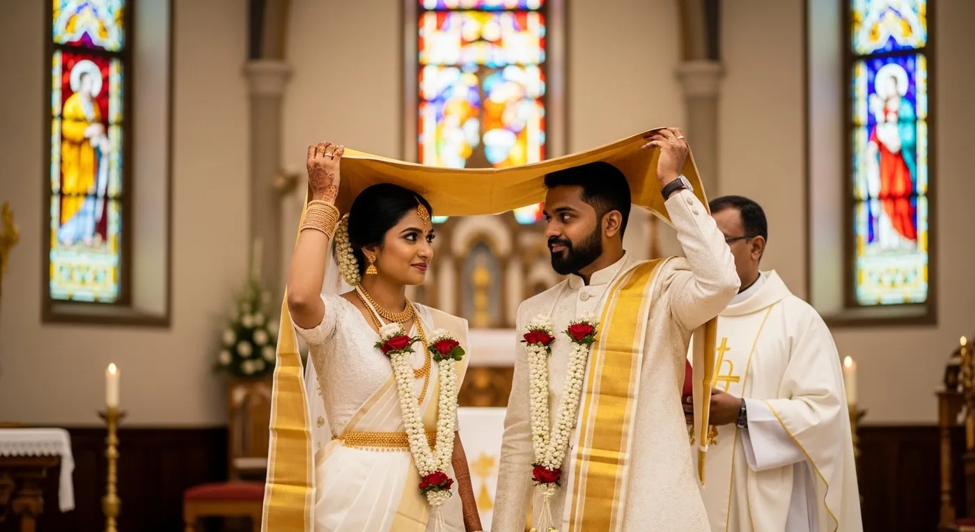 Syrian Christian Malayali NRI bride and groom exchanging rings during a church wedding ceremony in Kottayam
