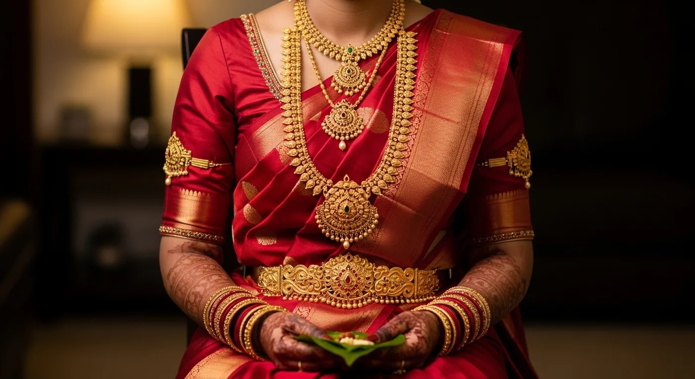Tamil Brahmin bride in a traditional nine-yard madisar saree with temple jewellery