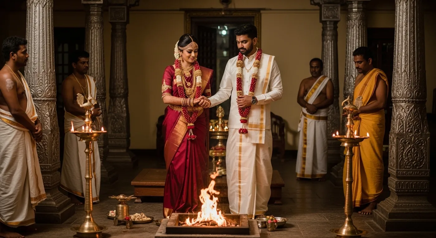 Tamil Brahmin NRI couple at the muhurtham ceremony inside a Chennai kalyana mandapam