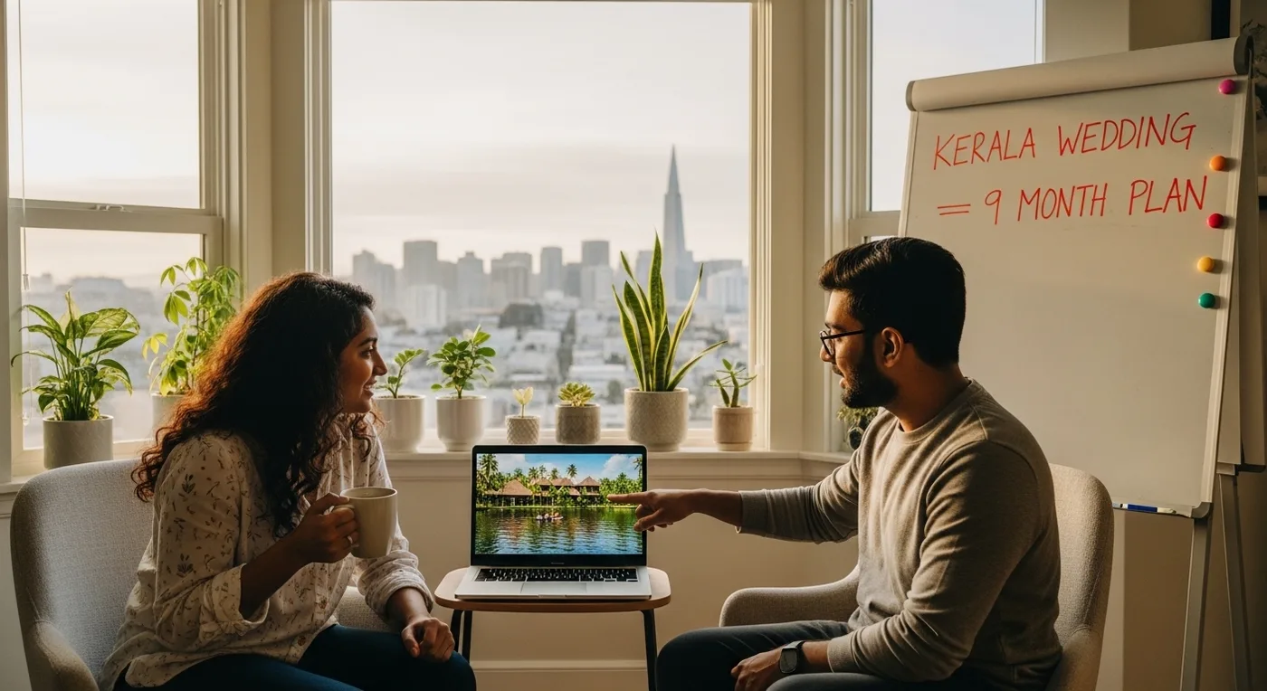 USA-based NRI couple planning a Kerala wedding on a laptop from their Bay Area apartment
