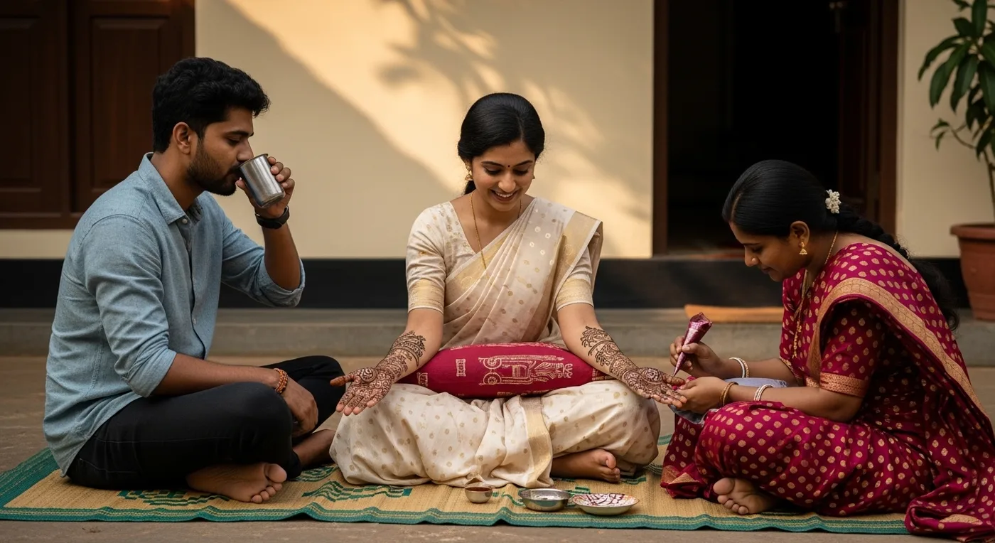 NRI couple giving an American friends group a brief about South Indian wedding customs on a laptop