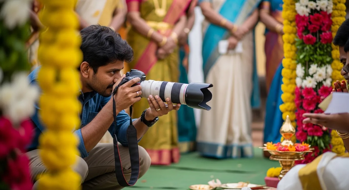 Professional photographer capturing candid moment at Kerala wedding ceremony