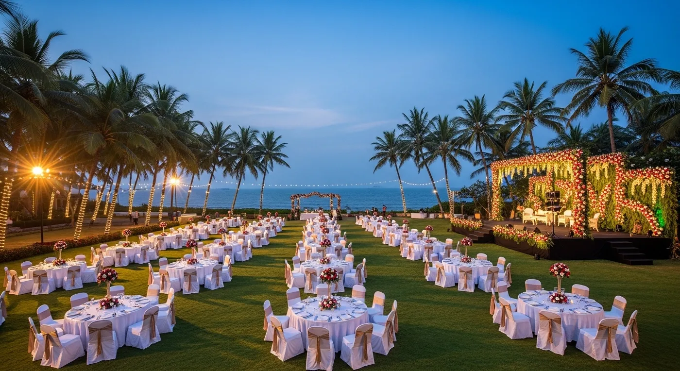 Beach resort lawn set up for a large Pondicherry wedding reception