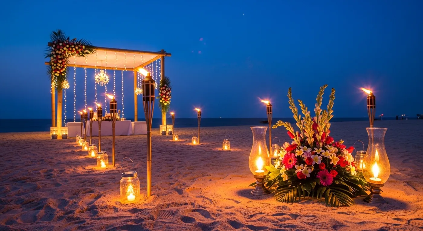Beach wedding decoration with bamboo mandap, fairy lights, and tropical flowers at dusk in Pondicherry