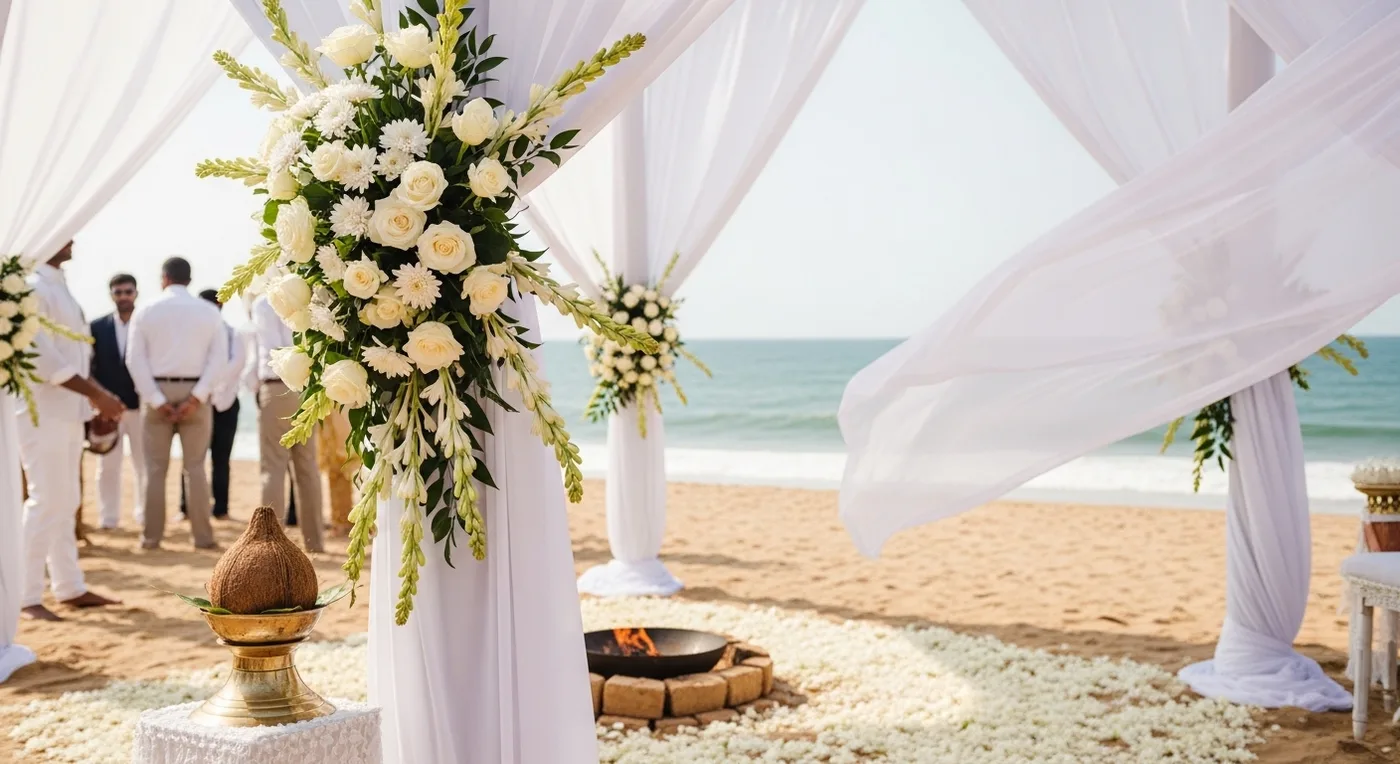 Beach wedding ceremony setup at a Pondicherry resort with white floral mandap and ocean backdrop