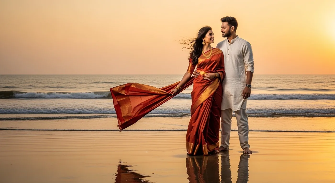 Couple portrait during golden hour on Pondicherry beach with warm sunset light reflecting off the Bay of Bengal