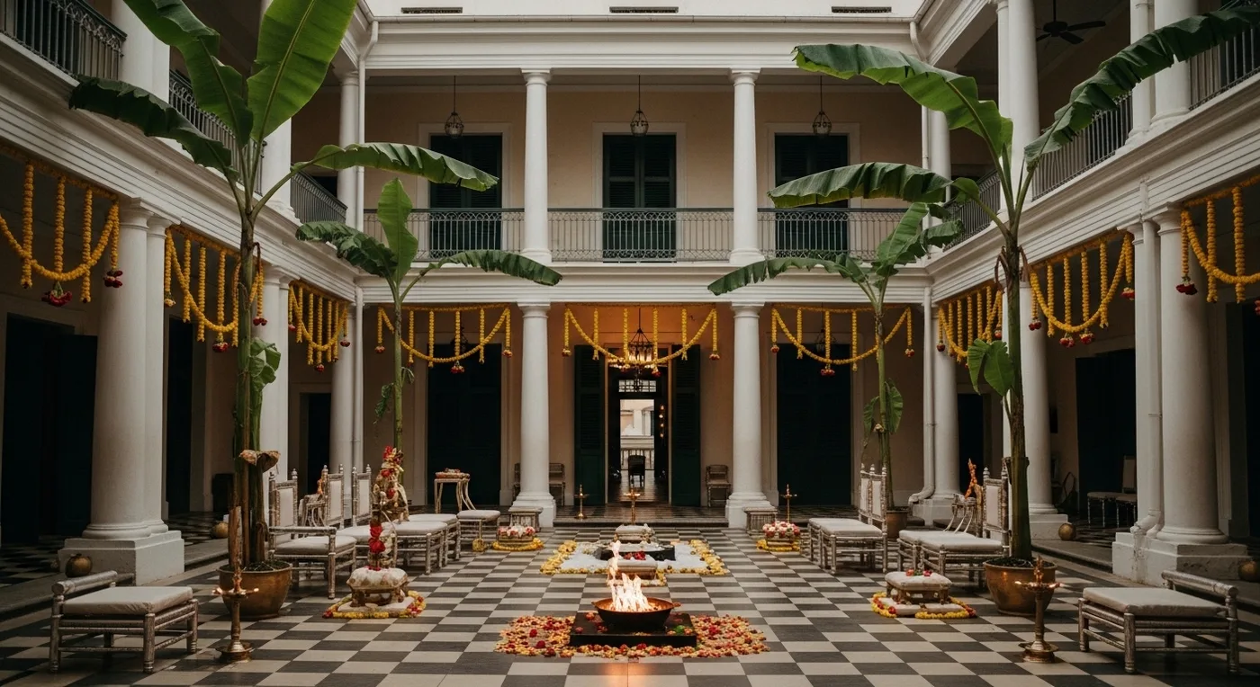 Le Dupleix heritage courtyard in Pondicherry French Quarter set up for a wedding ceremony