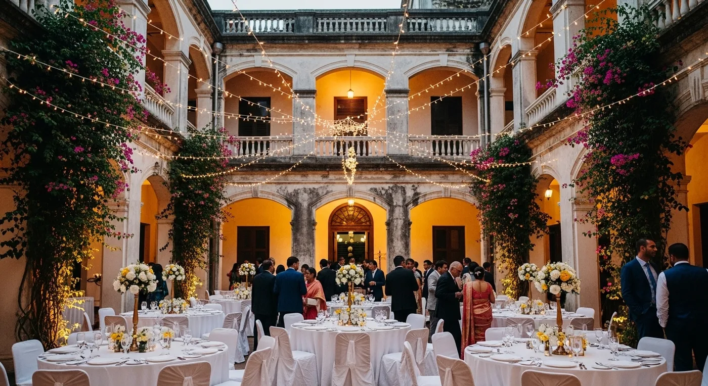 French Quarter heritage venue courtyard decorated for a Pondicherry wedding