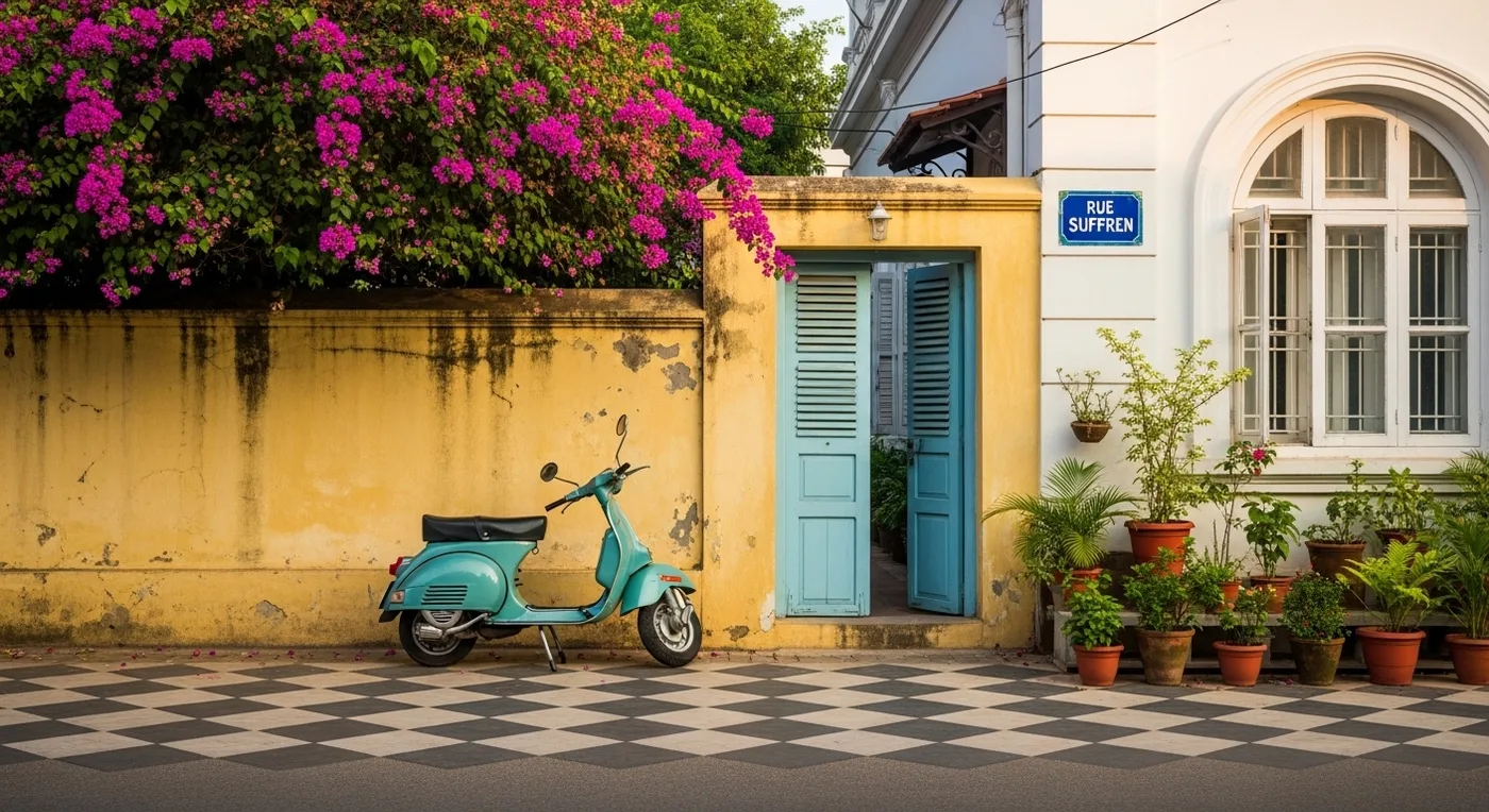 Pastel colonial street in Pondicherry French Quarter with bougainvillea and vintage scooter