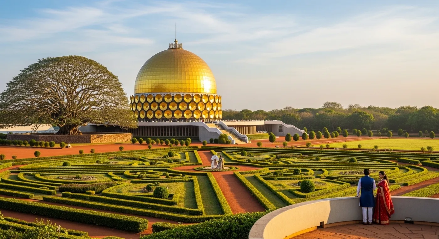 Golden Matrimandir dome against red earth and green gardens in Auroville
