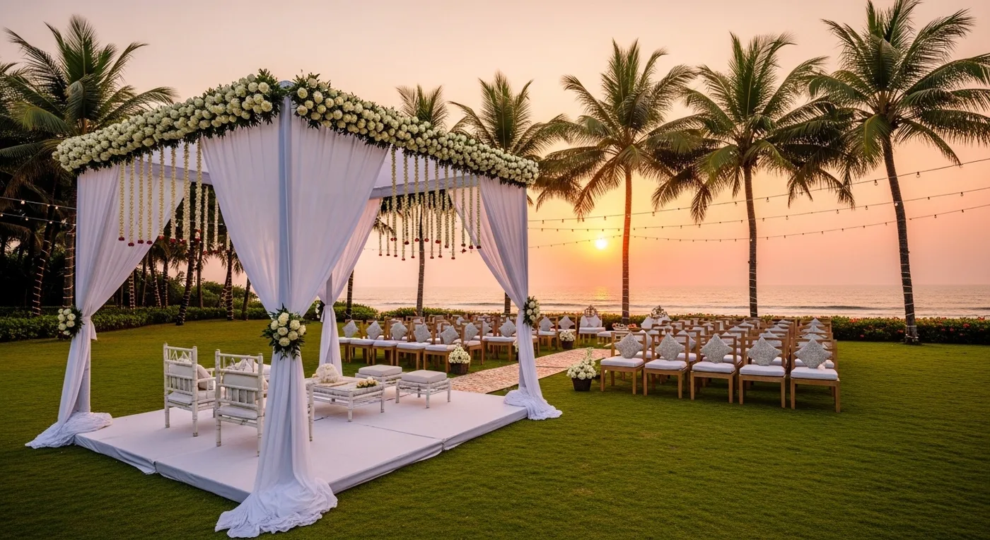 Pondicherry beach resort wedding setup with mandap overlooking the Bay of Bengal at sunset