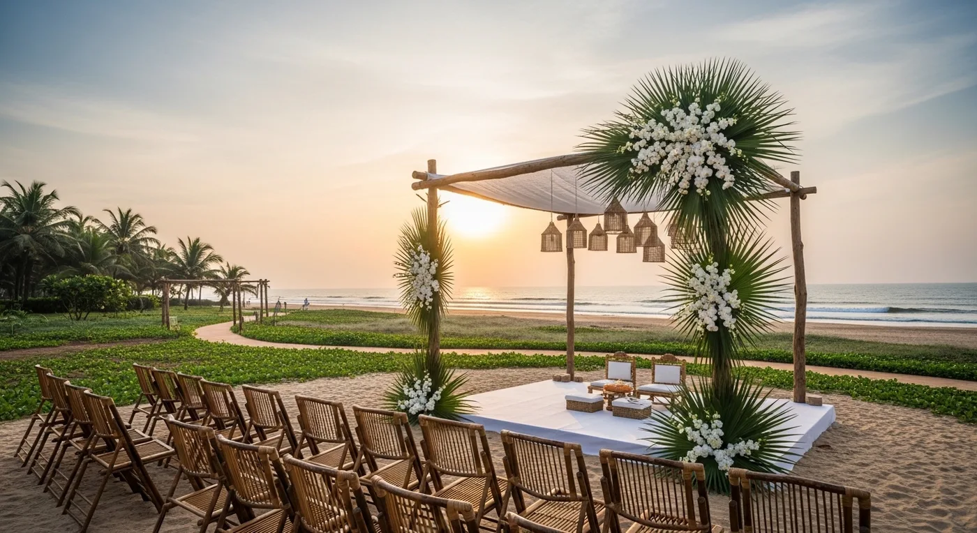 Beach resort wedding venue in Pondicherry with ocean view and decorated mandap