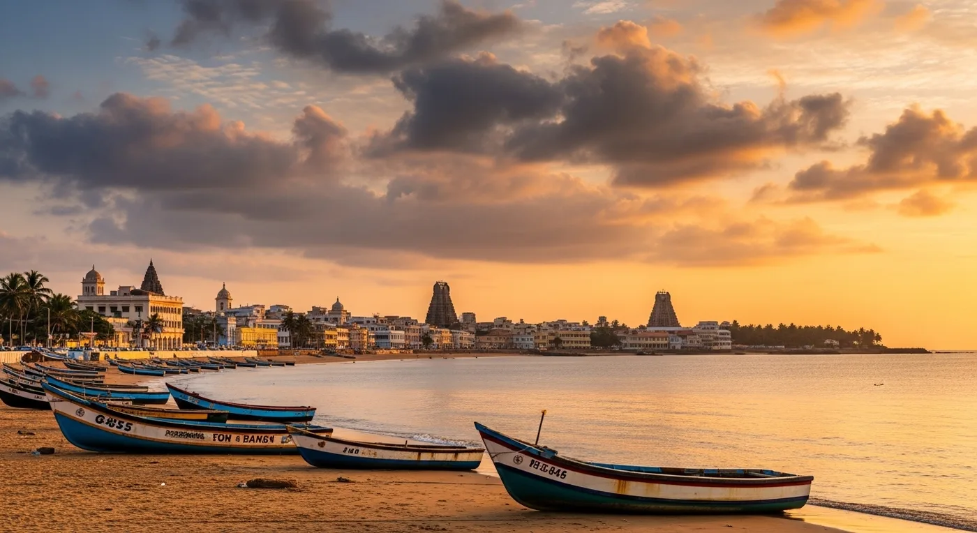 Panoramic view of Pondicherry coastline showing long sandy beach with Bay of Bengal at golden hour