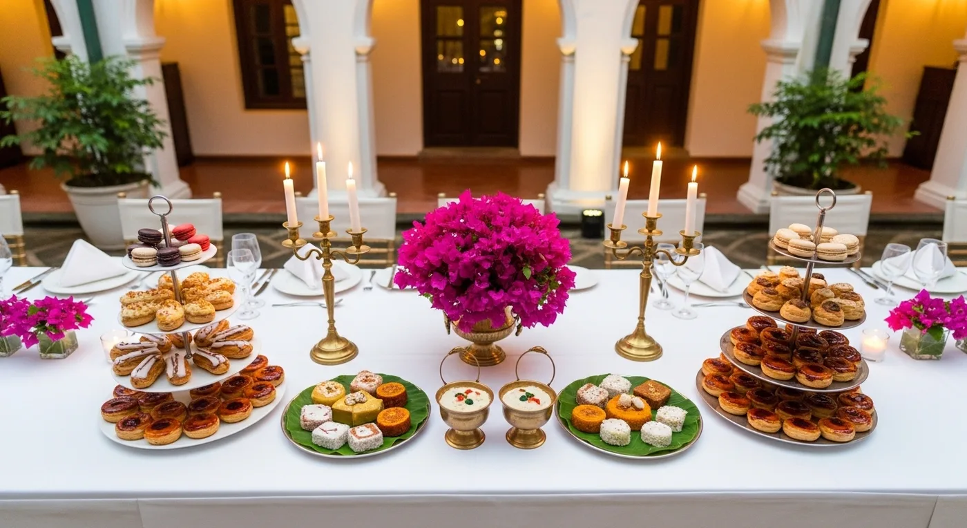 Franco-Tamil fusion wedding dinner table with French patisserie and traditional South Indian sweets