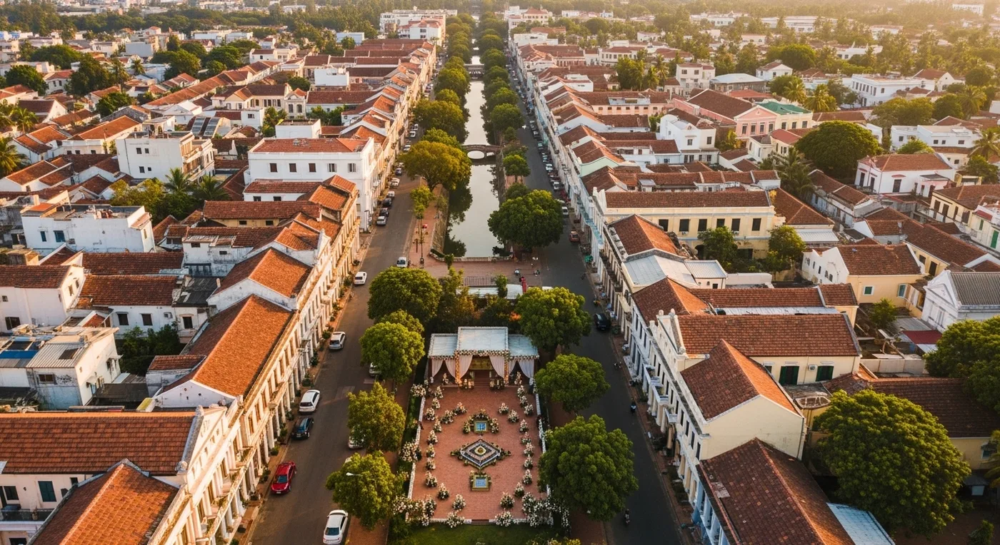 Aerial view of Pondicherry French Quarter showing colonial architecture and tree-lined streets