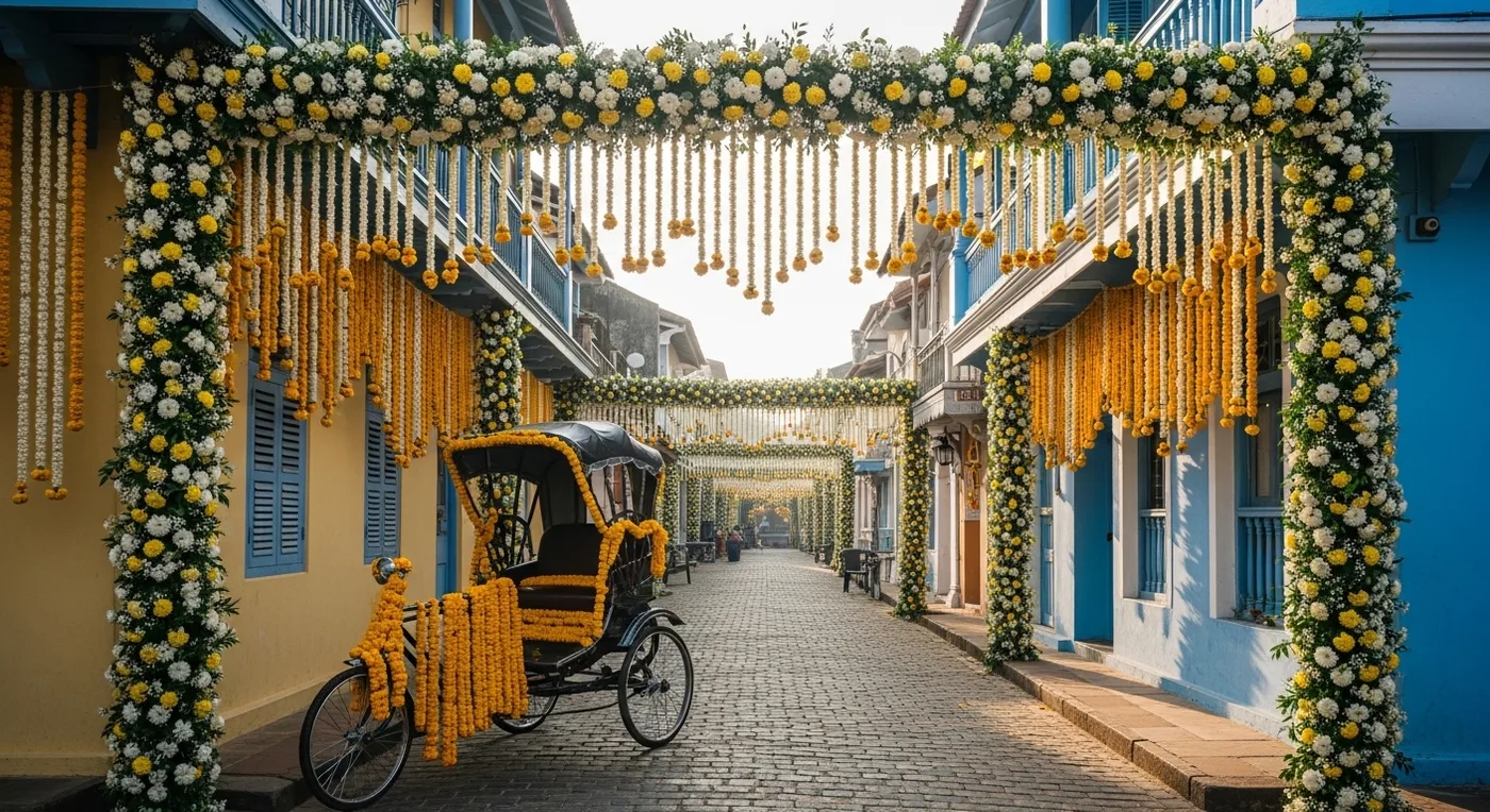 Pondicherry French Quarter street decorated for a wedding with floral arches and colonial facades