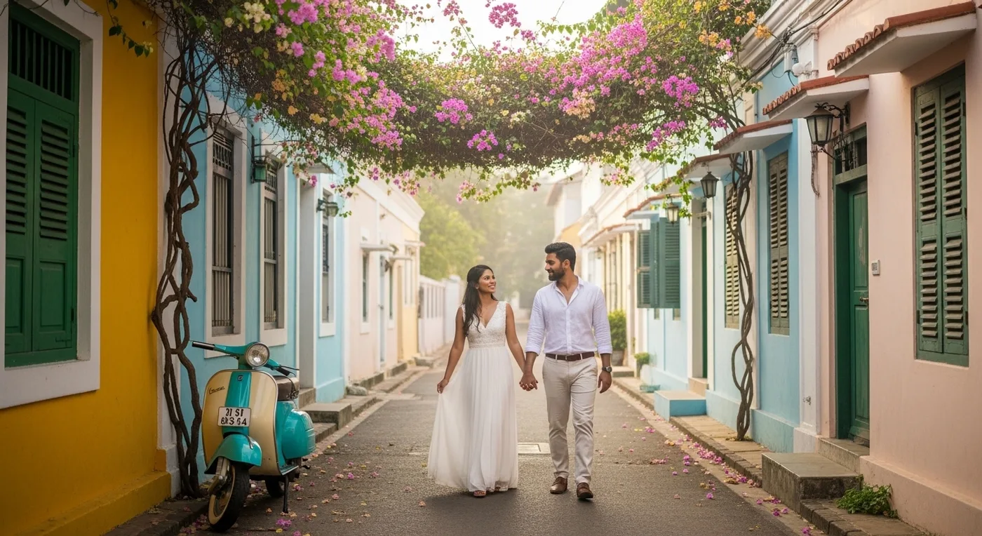 Couple during a pre-wedding shoot at a Pondicherry French Quarter street with pastel colonial buildings