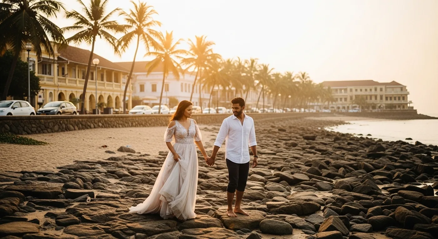 Pre-wedding photoshoot couple on Pondicherry Promenade Beach at golden hour