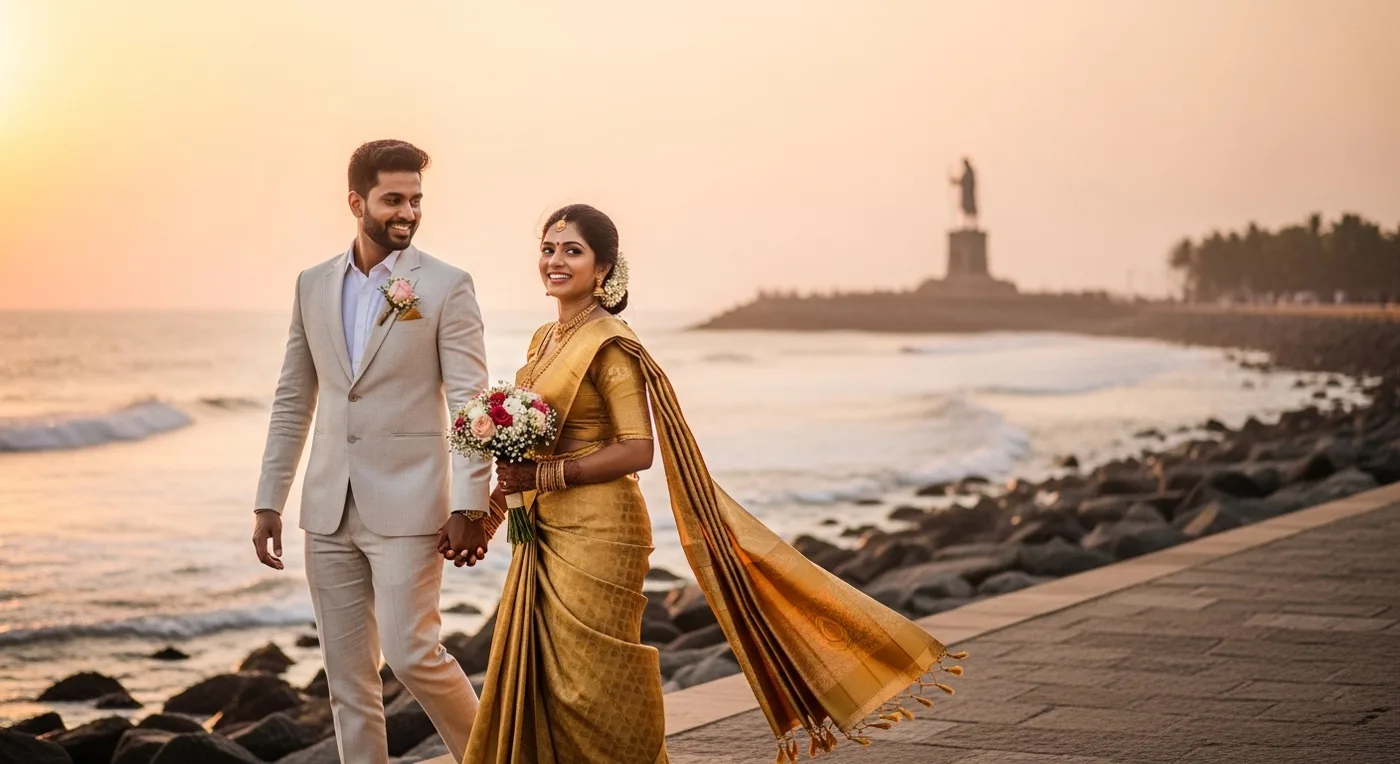 Pondicherry Promenade at sunset with a wedding couple walking along the sea-facing boulevard