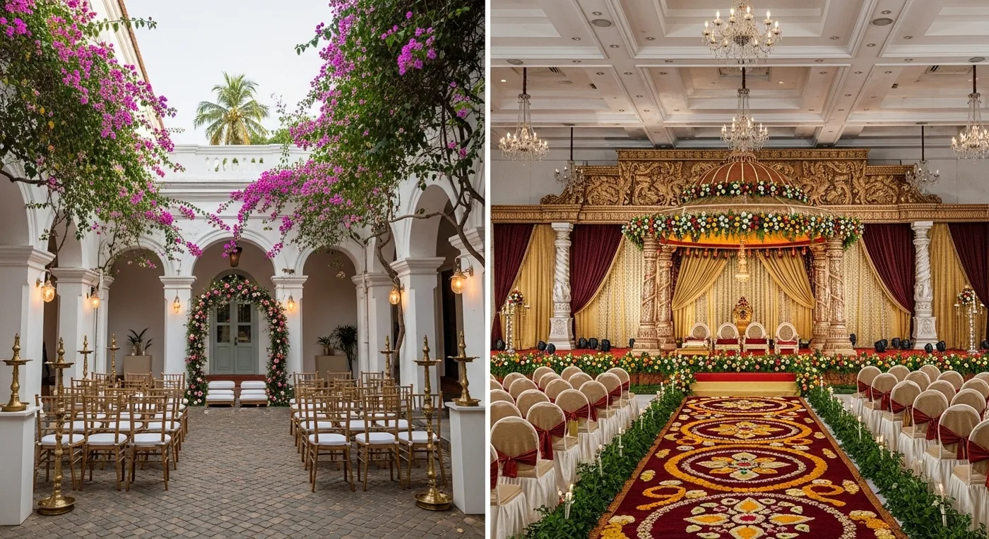 Comparison table visual showing Pondicherry heritage wedding setup versus Chennai mandapam wedding