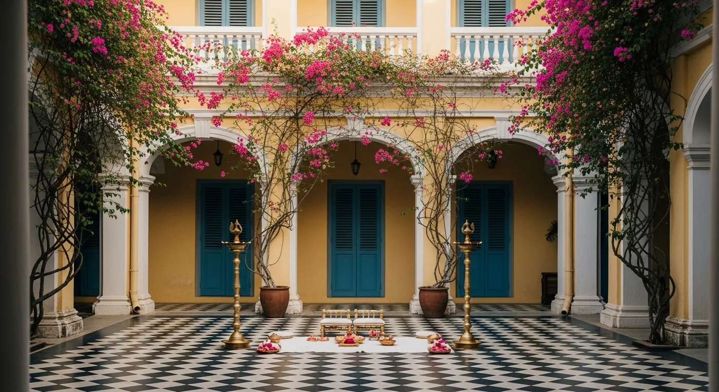 Pondicherry French Quarter courtyard decorated for a wedding ceremony with bougainvillea and brass lamps