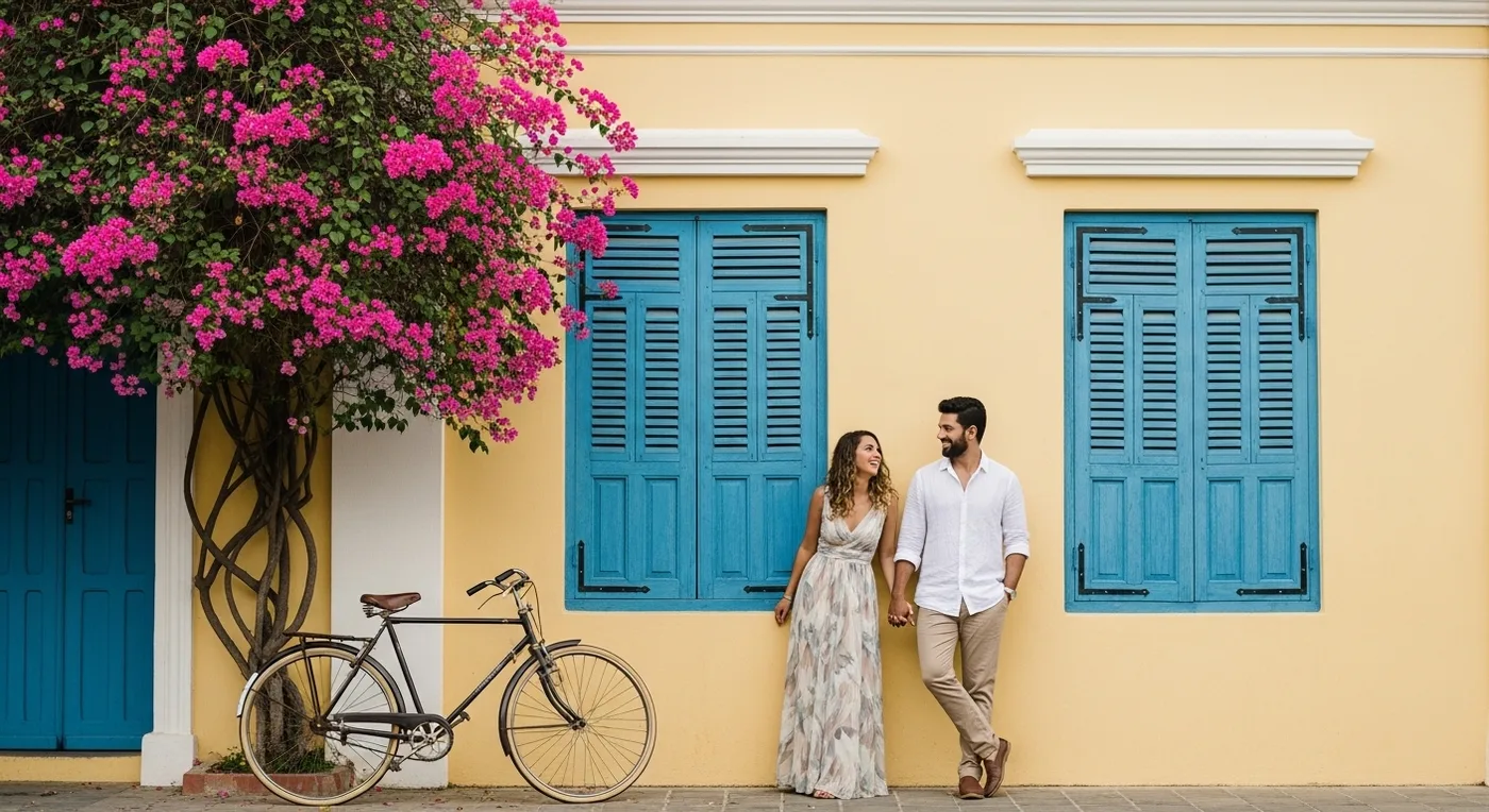 Couple posing against a pastel yellow colonial building with blue shutters during a pre-wedding shoot in Pondicherry French Quarter
